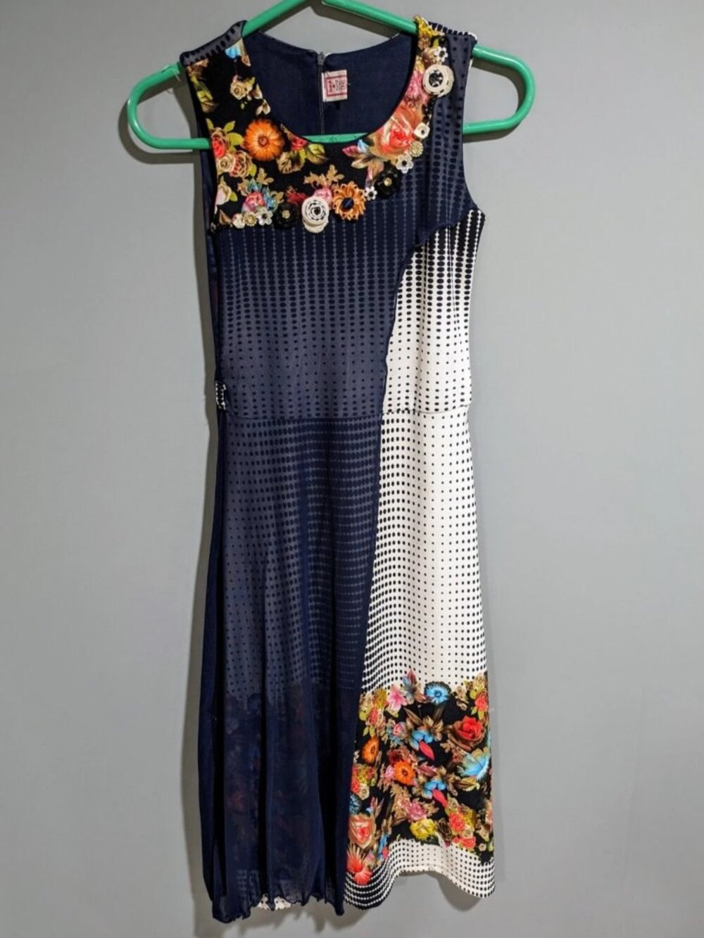 Girls Floral Embellished Sleeveless Dress Navy White Polka Dot Size L 10-12